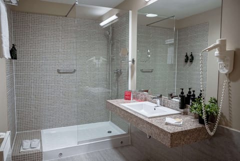 Shower, free toiletries, hair dryer, slippers