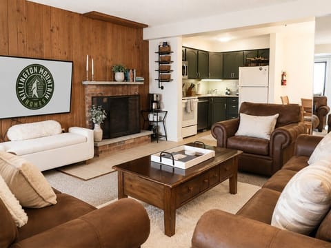 Cozy mountain lodge living room with TV