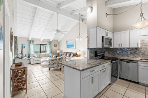 Kitchen also has, toaster, coffee pot, blender and hand mixer. All the things to make it easy for eating in when you just don't want to leave all the comforts of home.