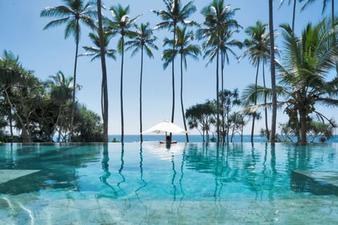 Outdoor pool, an infinity pool, pool umbrellas, sun loungers