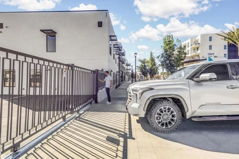 The private parking entry and location of the gates access keypad.