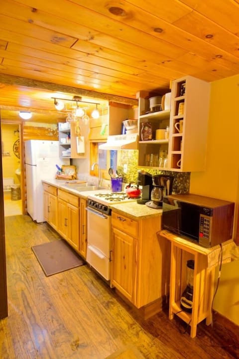 Trout Cabin kitchen - fully stocked with cookware and serve ware, fridge, microwave, crockpot, blender, toaster, Keurig and drip coffee pots. 