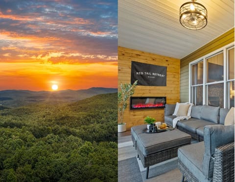 Enjoy amazing views from all windows in the cabin, especially the screened porch with comfy seating and electric fireplace.