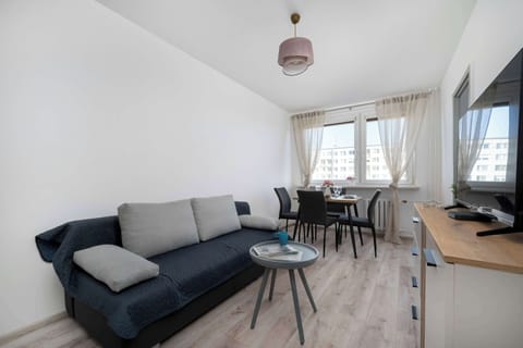 Bright living room with sofa, dining area, and TV.