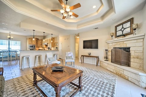 Living Room | Stone Fireplace | Open Kitchen Connection