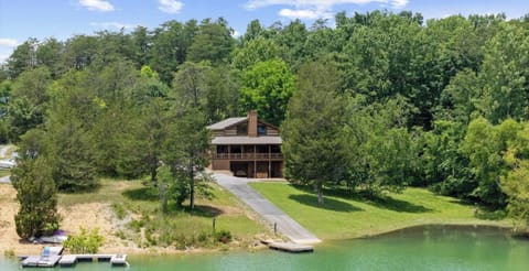 Lakefront cabin nestled among towering trees with private dock and scenic waterfront setting.