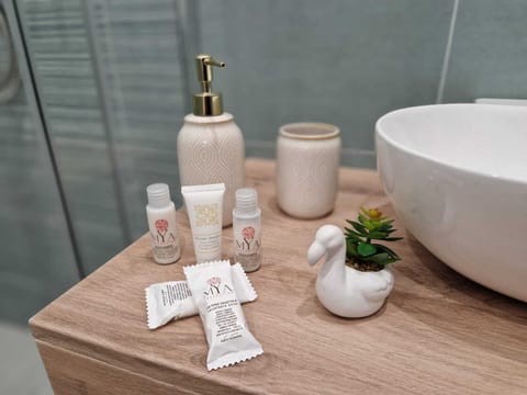 Hair dryer, towels, soap, shampoo