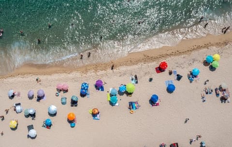 Aerial View of the Sandy Beach in Sarti with Crystal-Clear Waters