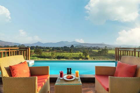 Outdoor pool, pool umbrellas, sun loungers
