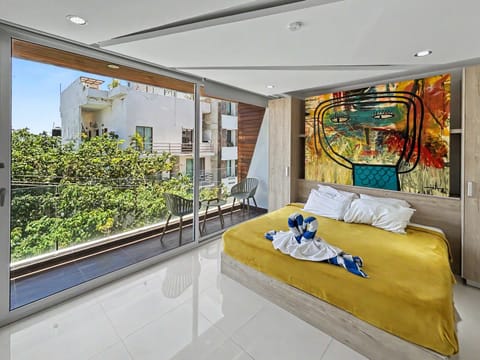 Modern bedroom; comfortable and stylish.
