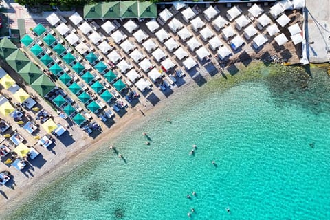 On the beach, sun loungers, beach umbrellas, beach towels