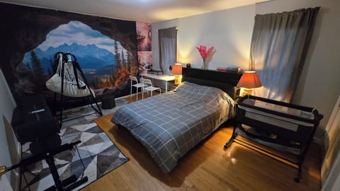Queen size bed with crib, hammock and exercise equipment
