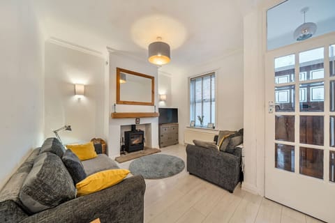 An open lounge space with sofas, fireplace, and glazed internal door.