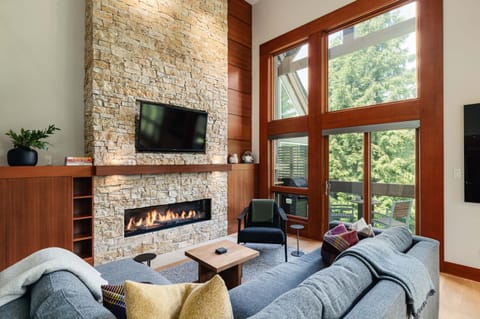 Living Room - with gas fireplace, smart TV for cable and streaming and beautiful forested views