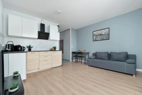 Bright studio apartment featuring a comfortable sofa, dining area and fully equipped kitchenette, perfect for short and long stays.