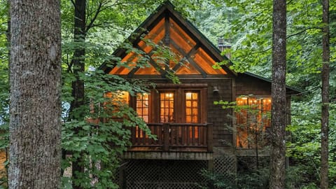 Cozy woodland cabin retreat with warm glow and peaceful forest views