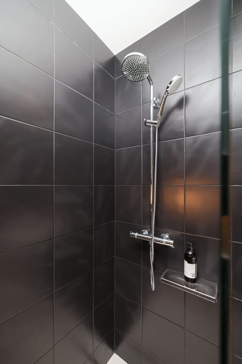 Combined shower/tub, hair dryer, towels, soap