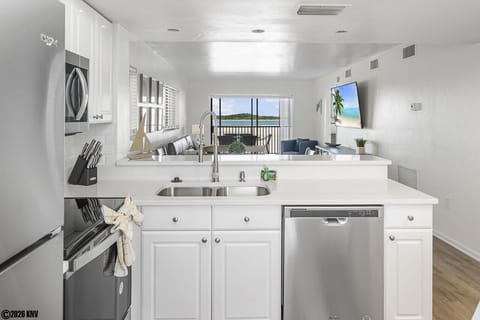 New appliances include a dishwasher and a stackable washer and dryer