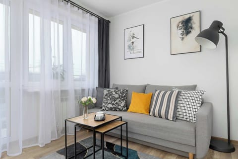 A bright living room features a grey sofa with decorative pillows, a minimalist coffee table, and a floor lamp by the window.