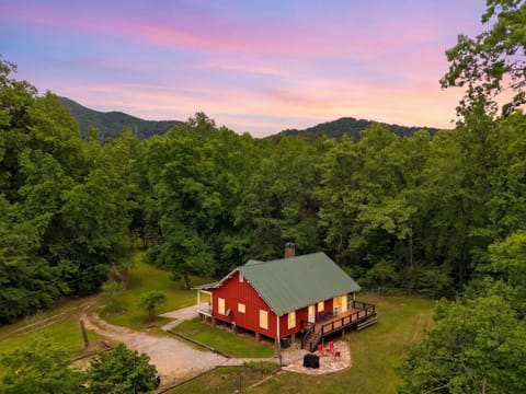 Aerial View | Red Cabin & Green Metal Roof | Mountain Views & Forest Setting