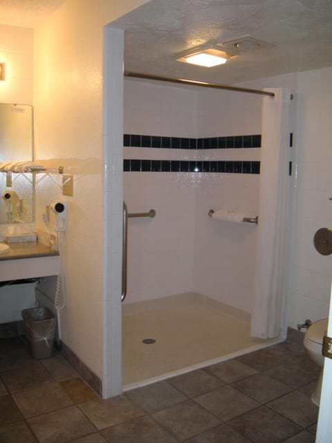 Combined shower/tub, free toiletries, hair dryer, towels