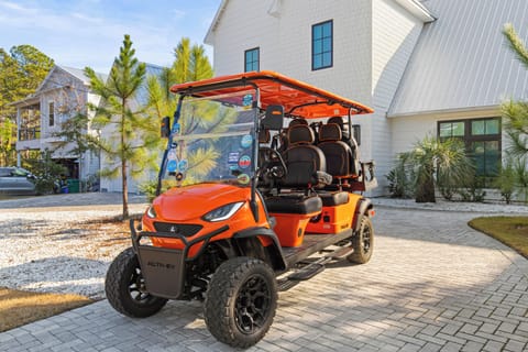 Golf cart parked outside modern vacation rental with tropical landscaping and paver driveway.
