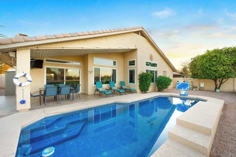 View of the private pool and the covered patio area.