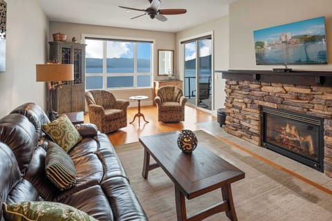 Cozy stone fireplace makes you feel right at home 