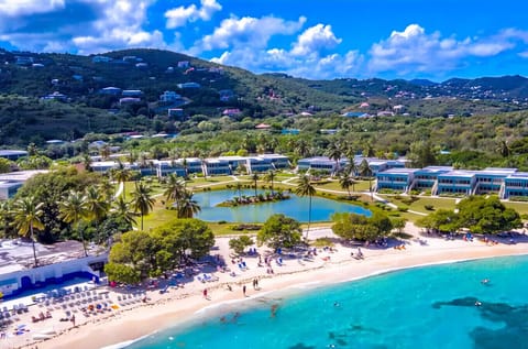 An aerial view of Sapphire Beach, with Crystal Cove in the background!