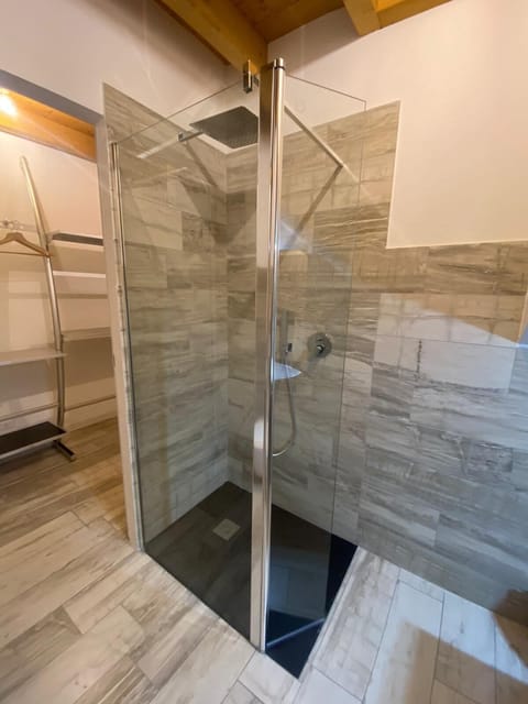 Shower, towels, soap, toilet paper