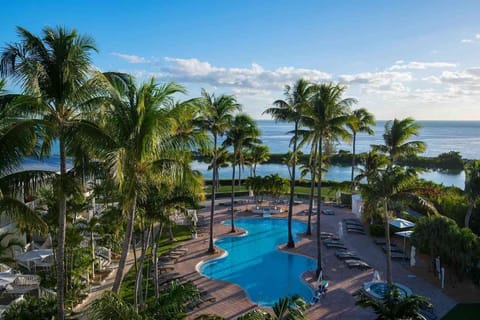 Bask in the sun-kissed serenity of the pool area, surrounded by lush palms and a breathtaking view of sparkling waters.