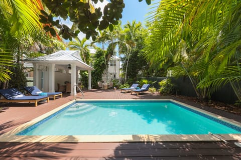 Tropical palms and shimmering water define this private pool retreat, an intimate escape for restful afternoons and golden sunsets.