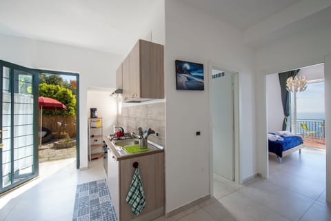 Apartment, Sea View | Private kitchen | Fridge, microwave, oven, stovetop