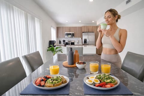 Enjoy a delicious breakfast at this spacious dining table