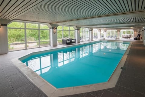 Dive into a sunlit indoor pool with serene woodland views.