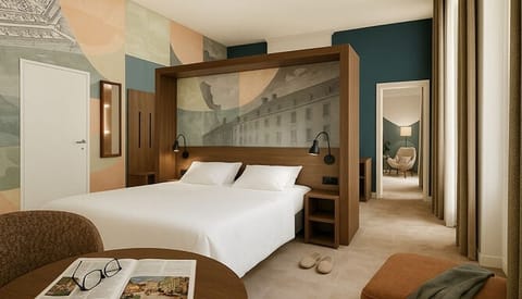 Unwind in a serene king bed with designer mural.