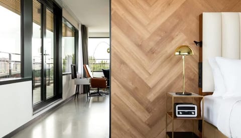 Sip coffee by the balcony doors with breezy city views.