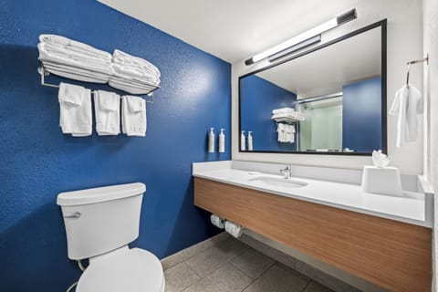 Combined shower/tub, free toiletries, hair dryer, towels