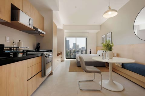 Modern kitchen equipped with dining area