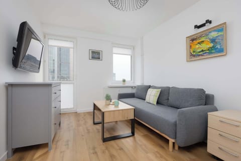 Bright living room with a comfortable sofa, coffee table, and TV, creating a welcoming space for relaxation.