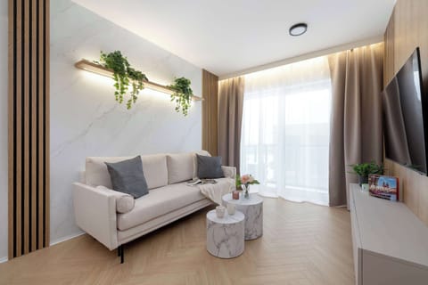 Bright living room with a comfortable sofa, natural light from large windows and warm wooden accents creating a cozy atmosphere.