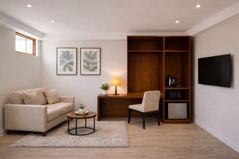 Suite, Balcony, City View | Living area | TV