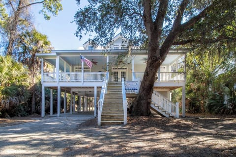 Charming coastal retreat elevated on stilts, nestled among towering palms and mature oaks with wraparound porches and traditional Southern architecture.