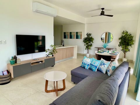 Bright open-concept living room with modern kitchen and natural light