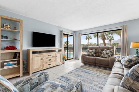 Living room with pool view