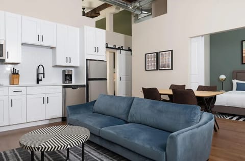 Open concept living room and kitchen at LIVN Millennium Park