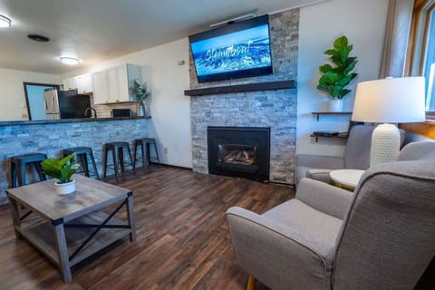Living room with fireplace, 55” smart TV with apps such as Netflix and Xfinity TV, and Blu-ray player. 