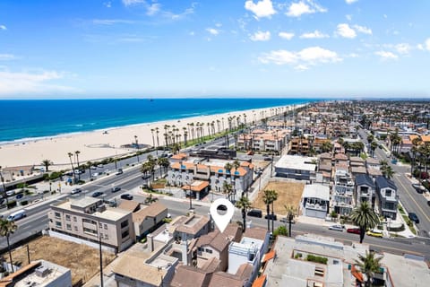 Aerial view showing the home just steps from the beach in the heart of Huntington Beach.