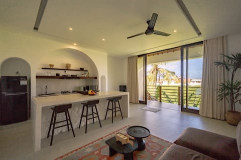 Deluxe Apartment, 1 Bedroom, Pool View | Private kitchen | Fridge, microwave, stovetop, electric kettle