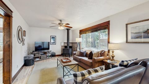 Living room, tv, natural light, wood burning fireplace